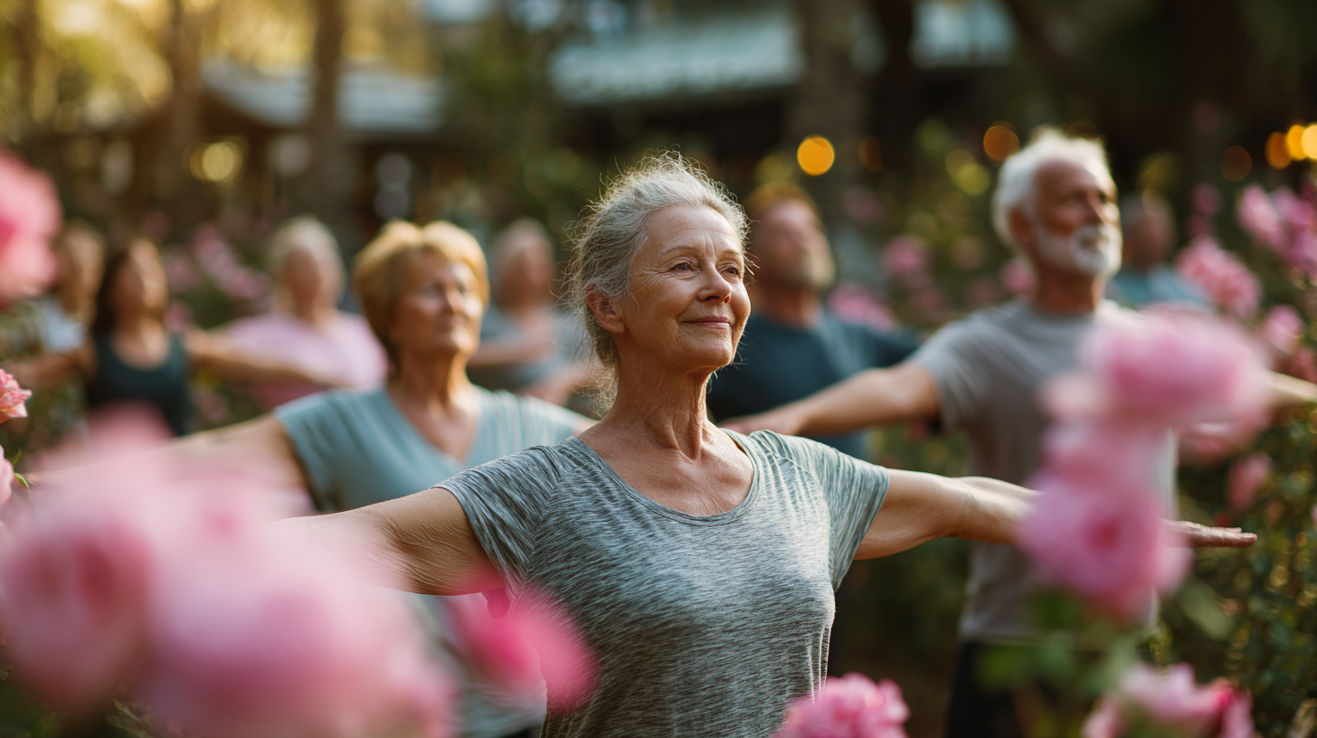 Instructor yoga lucrând cu un grup de seniori